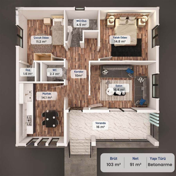 103 Metrekare Betonarme Ev - Görsel 5